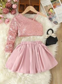 SHEIN Young Girl Birthday Party Outfit: Pink Beaded Cold-Shoulder Top & Fluffy Skirt - Pink - View 2