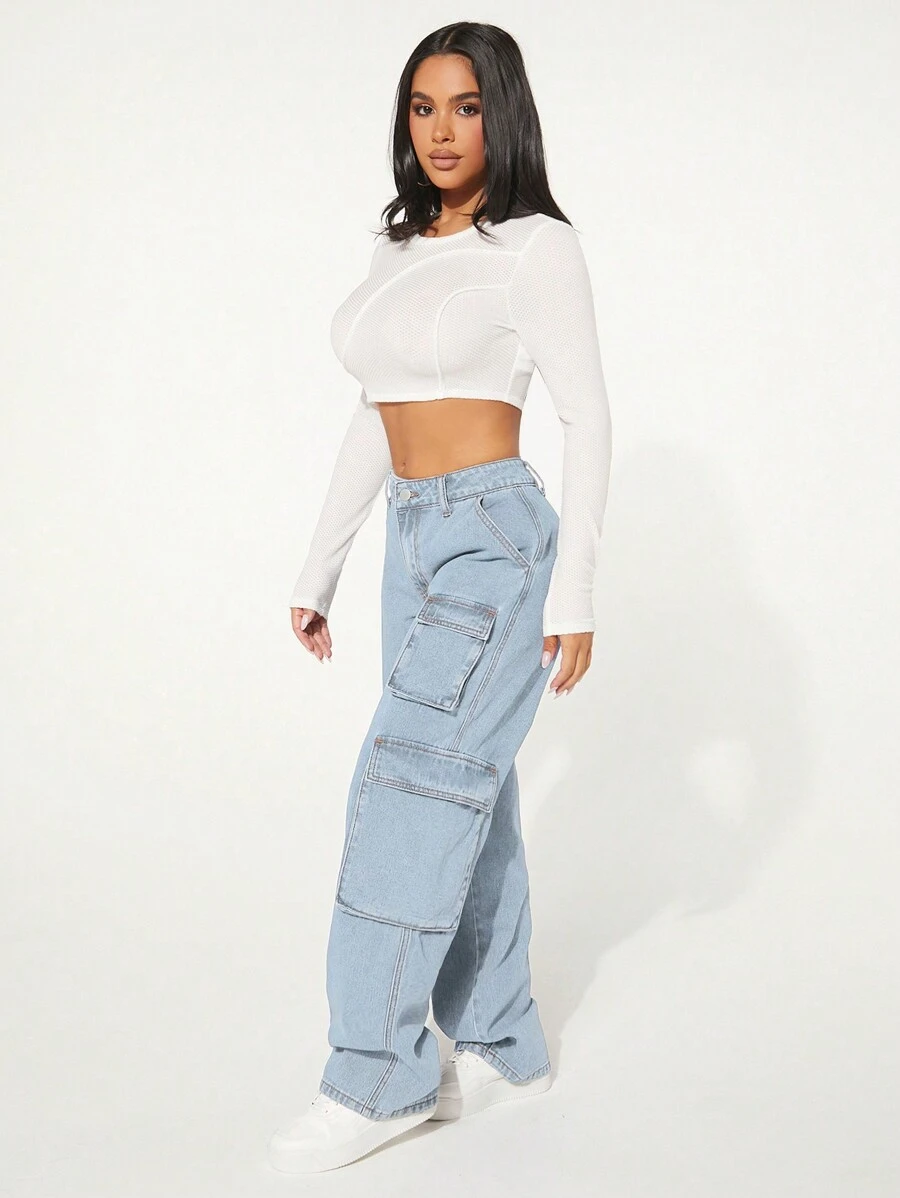 SHEIN SXY Jeans cargo con bolsillo con solapa - Lavado ligero - Ver 1