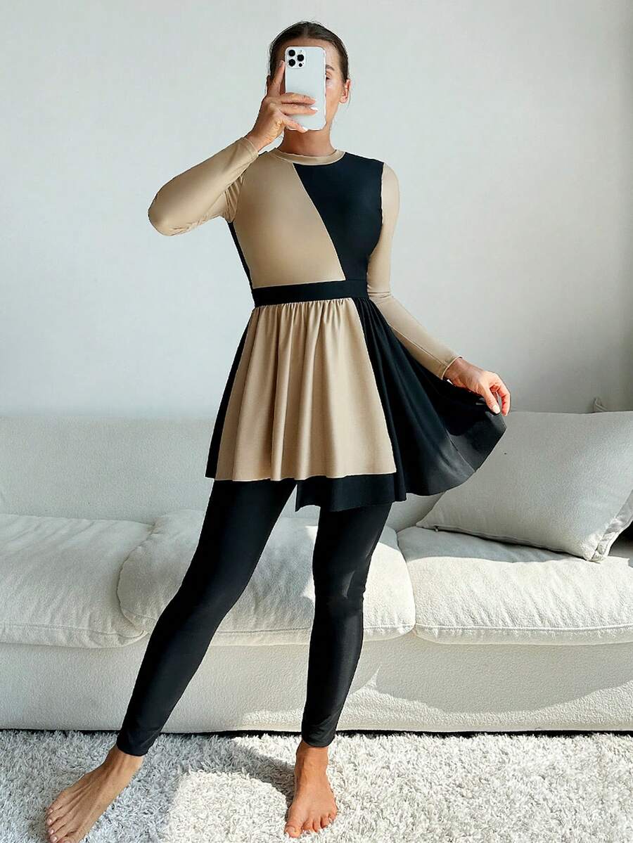 Swim Mulvari 女士顏色拼接長袖Burkini套裝 - 彩色 - 查看 1