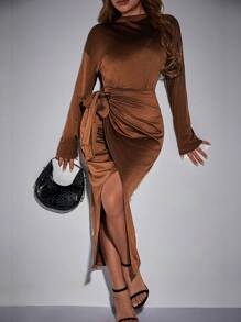 Zolique Women's Solid Color Side Tie Wrap Dress - Brown - View 3