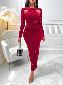 Long Velvet Hollow Out Dress - Red - View 4