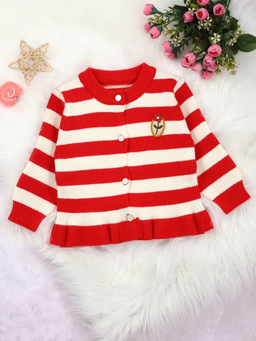 Baby Girls' Striped Flower & Embroidery Decor Cardigan - Red - View 1