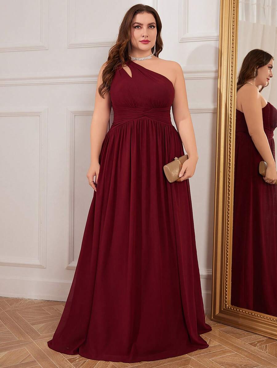Plus Size Asymmetrical Neck Chiffon Dress With Flowing Sleeves, Bridesmaid Dress, Bride Dress, Birthday Women Outfits, Graduation Dress, Formal Dress - Burgundy - View 1