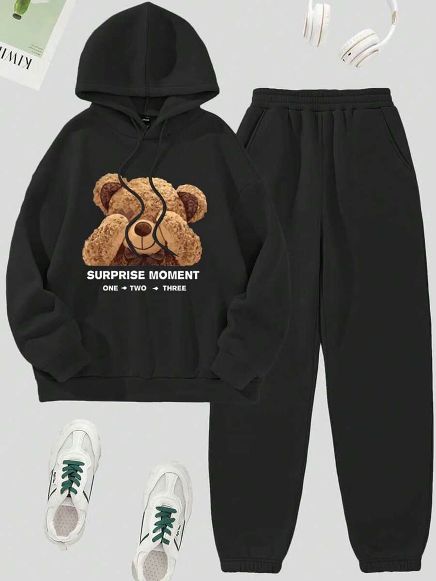 SHEIN EZwear Bear & Slogan Graphic Drawstring Thermal Hoodie & Sweatpants - Black - View 1