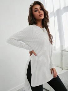 RueChic High Low Split Hem Sweater - White - View 3