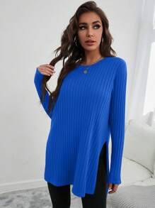 SHEIN Cottnline Split Hem Sweater With Shorter Front And Longer Back - Blue - View 3