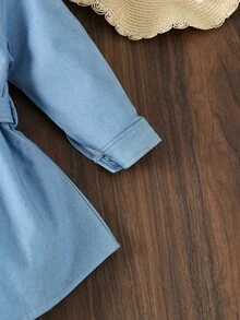 SHEIN 年輕女孩時尚鈕扣前衣裙，配腰帶 - 藍色 - 查看 3