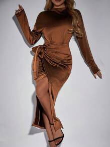Zolique Women's Solid Color Side Tie Wrap Dress - Brown - View 1