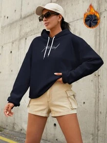 RueChic Đồ họa Chữ cái Thả vai Dây rút Hoodie - màu đen - Xem 1