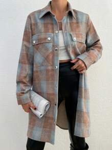 EURMUSE Plaid Double-pocket Turn-down Collar Woolen Coat - Blue - View 4