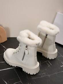 Giày bốt cổ ngắn ấm áp mùa đông dành cho nữ, có lớp lót nhung, phối cùng áo corset trơn có viền hoa, bốt chiến đấu, bốt đi tuyết giữ nhiệt, hoàn hảo khi kết hợp với áo - Màu be - Xem 4