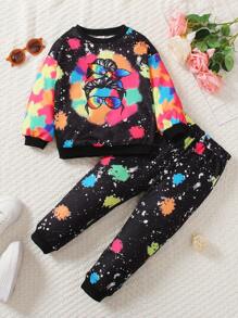 SHEIN Little Girl's Tie Dye Hoodie And Sweatpants Outfit With Sunglasses Girl Print - Black - View 1