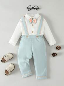 嬰兒女孩雙層蝴蝶結裝飾上衣和可調節肩帶褲套裝 - 彩色 - 查看 1