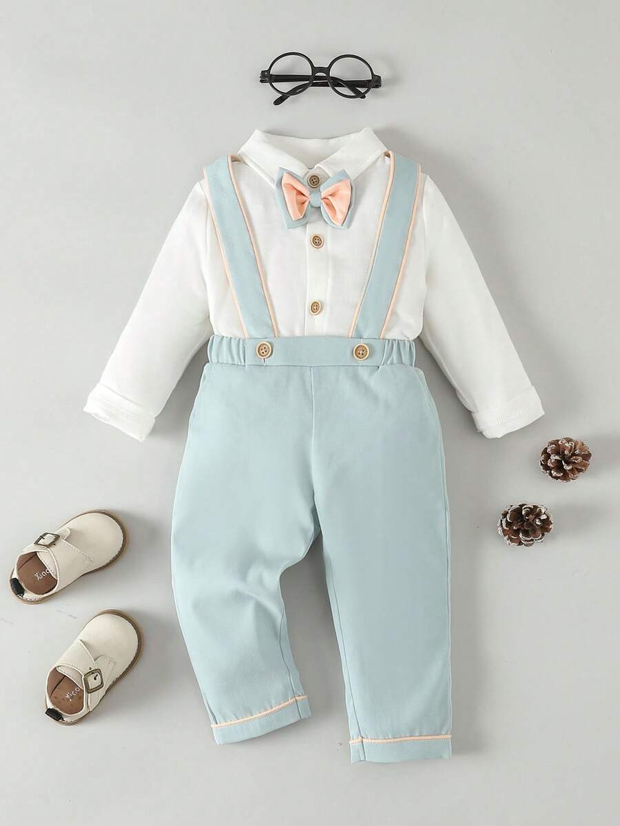 嬰兒女孩雙層蝴蝶結裝飾上衣和可調節肩帶褲套裝 - 彩色 - 查看 1