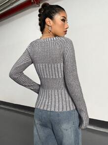 SHEIN Unity Solid Ribbed Knit Pullover Fall Winter Sweater - Grey - View 2