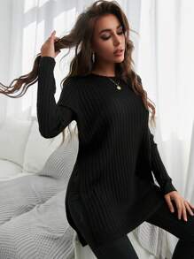 RueChic Asymmetrical High-low Split Hem Sweater - Black - View 5