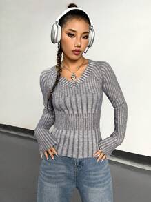 SHEIN Unity Solid Ribbed Knit Pullover Fall Winter Sweater - Grey - View 3