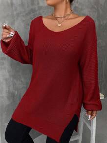 SHEIN LUNE 加大碼下垂肩毛衣 - 紅色 - 查看 1