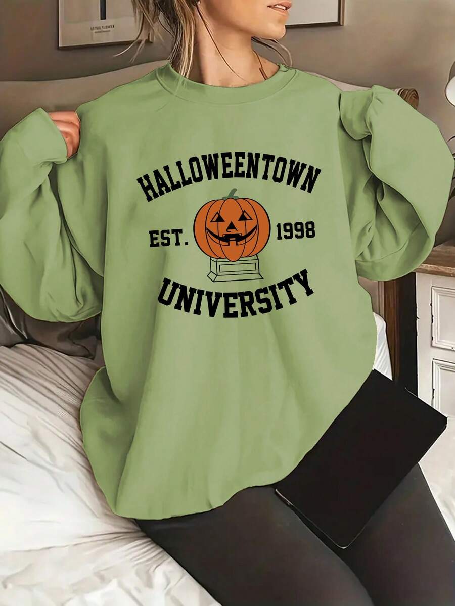 Plus Halloween Print Drop Shoulder Sweatshirt - Army Green - View 1