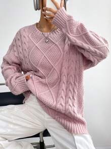 SHEIN Qutie Cable Knit Drop Shoulder Sweater - Pink - View 1