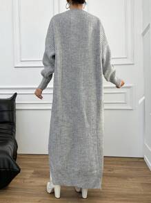 EURMUSE Women's Drop Shoulder Drop Shoulder Slit Knit Sweater Dress - Light Grey - View 2