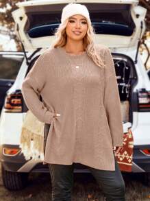 SHEIN LUNE Plus Size Solid Color Drop Shoulder Sweater With Side Slit, Pullover Knit Pullover Fall Winter Autumn Sweater - Pink - View 6