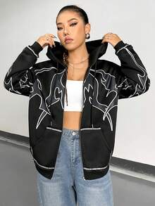 SHEIN Unity Graphic Print Drop Shoulder Zip Up Hoodie - Black - View 4