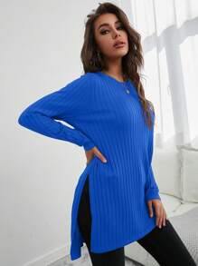 SHEIN Cottnline Split Hem Sweater With Shorter Front And Longer Back - Blue - View 4