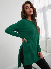 SHEIN Cottnline High Low Split Hem Sweater - Green - View 4