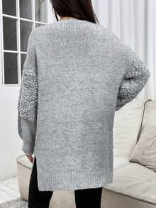 女士純色垂墜肩針織開衫 - 灰色 - 查看 2