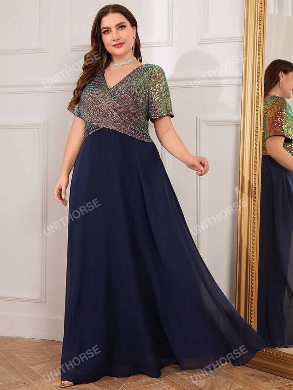 UNITHORSE Rochie de seară cu decolteu în V și paiete pentru femei, mărime plus, rochie de petrecere, rochie de mireasă