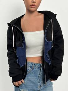 SHEIN EZwear Khối màu Ngôi sao Đã vá Thả vai Áo Zip Up Hoodie - màu đen - Xem 1
