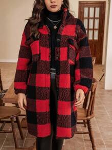 SHEIN Franclia 加大尺碼水牛格紋印花下垂肩外套 - 紅色 - 查看 3