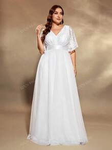 UNITHORSE Plus Size Women Elegant Romantic Lace Placement Floral Sheer Short Sleeve Stand Collar Embroidered White Wedding Dress, All White Party Outfit Women