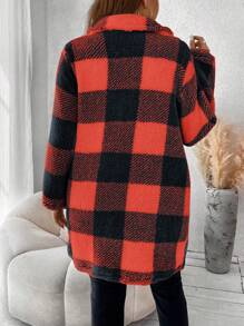 SHEIN Franclia Hơn In kẻ sọc Buffalo Cổ áo Flannel áo - Đỏ - Xem 2