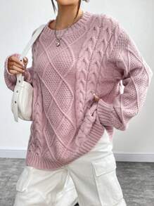 SHEIN Qutie Cable Knit Drop Shoulder Sweater - Pink - View 4