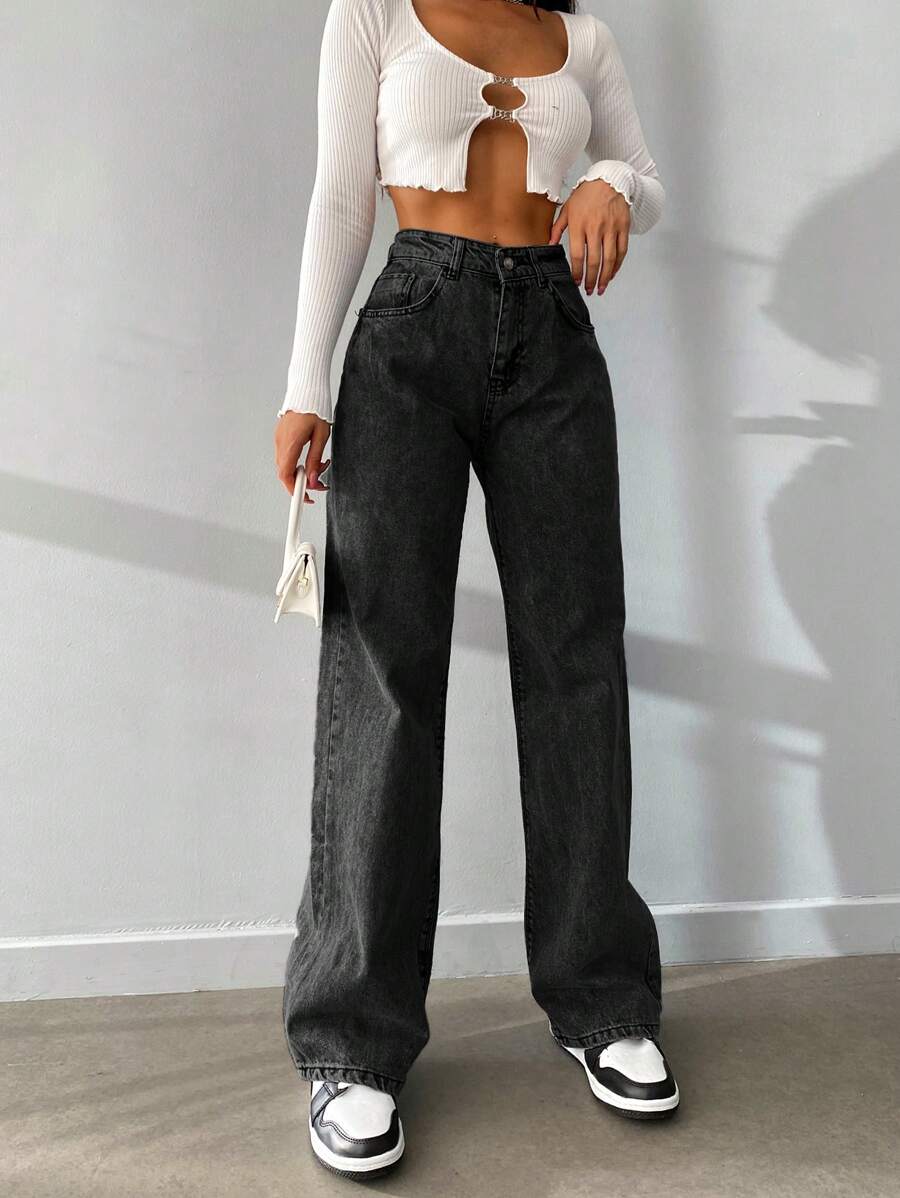 Women's Loose Fit Denim Straight Leg Jeans In Solid Color - Black - View 1