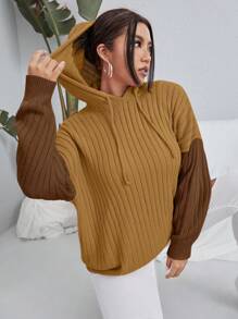 Flirla Plus Size Colorblock Drawstring Hoodie Sweater Knit Pullover Fall Winter Sweater - Yellow - View 1