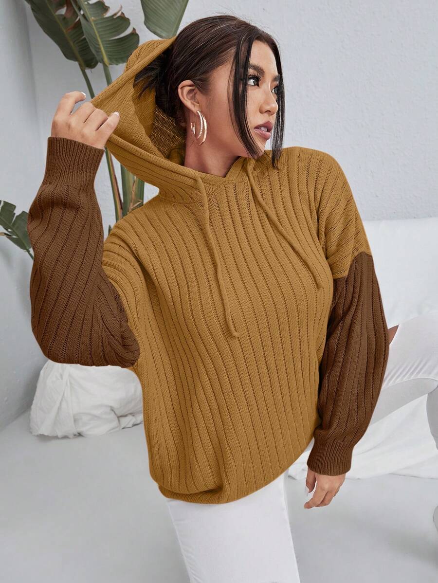 Flirla Plus Size Colorblock Drawstring Hoodie Sweater Knit Pullover Fall Winter Sweater - Yellow - View 1