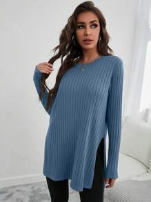 SHEIN Cottnline Slit Hem High-low Sweater - Dusty Blue - View 3