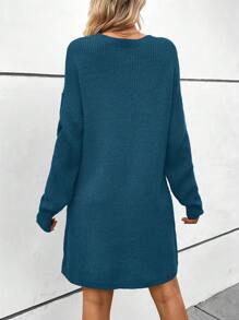 EURMUSE Vestido Estilo Suéter De Hombros Caídos De Color Liso Sin Cinturón - Agua verde azul - Ver 2