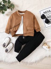 SHEIN Playful Pals 婴儿/男童时尚绒面革夹克和休闲工装裤套装，适合户外、秋冬季 - 卡其色 - 查看 7