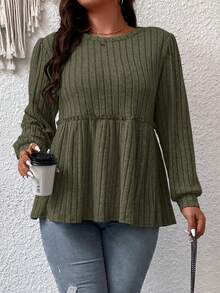 SHEIN Franclia 大碼素色荷葉邊下擺T恤 - 軍綠色 - 查看 3