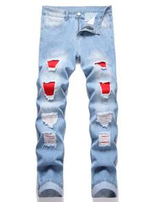 Men Ripped Patched Jeans - Light Wash - View 1