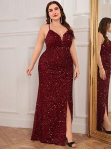 UNITHORSE Plus Size Glitter Sequin Bodycon Dress With Front Slit - Burgundy - View 4