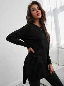 RueChic Asymmetrical High-low Split Hem Sweater - Black - View 3