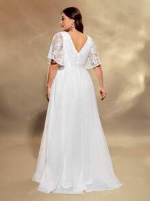 UNITHORSE Plus Size Women Elegant Romantic Lace Placement Floral Sheer Short Sleeve Stand Collar Embroidered White Wedding Dress, All White Party Outfit Women