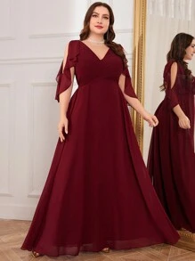 UNITHORSE Váy dạ hội tay bèo nhún cỡ lớn, váy phù dâu - Màu Đỏ Sâu - Xem 1
