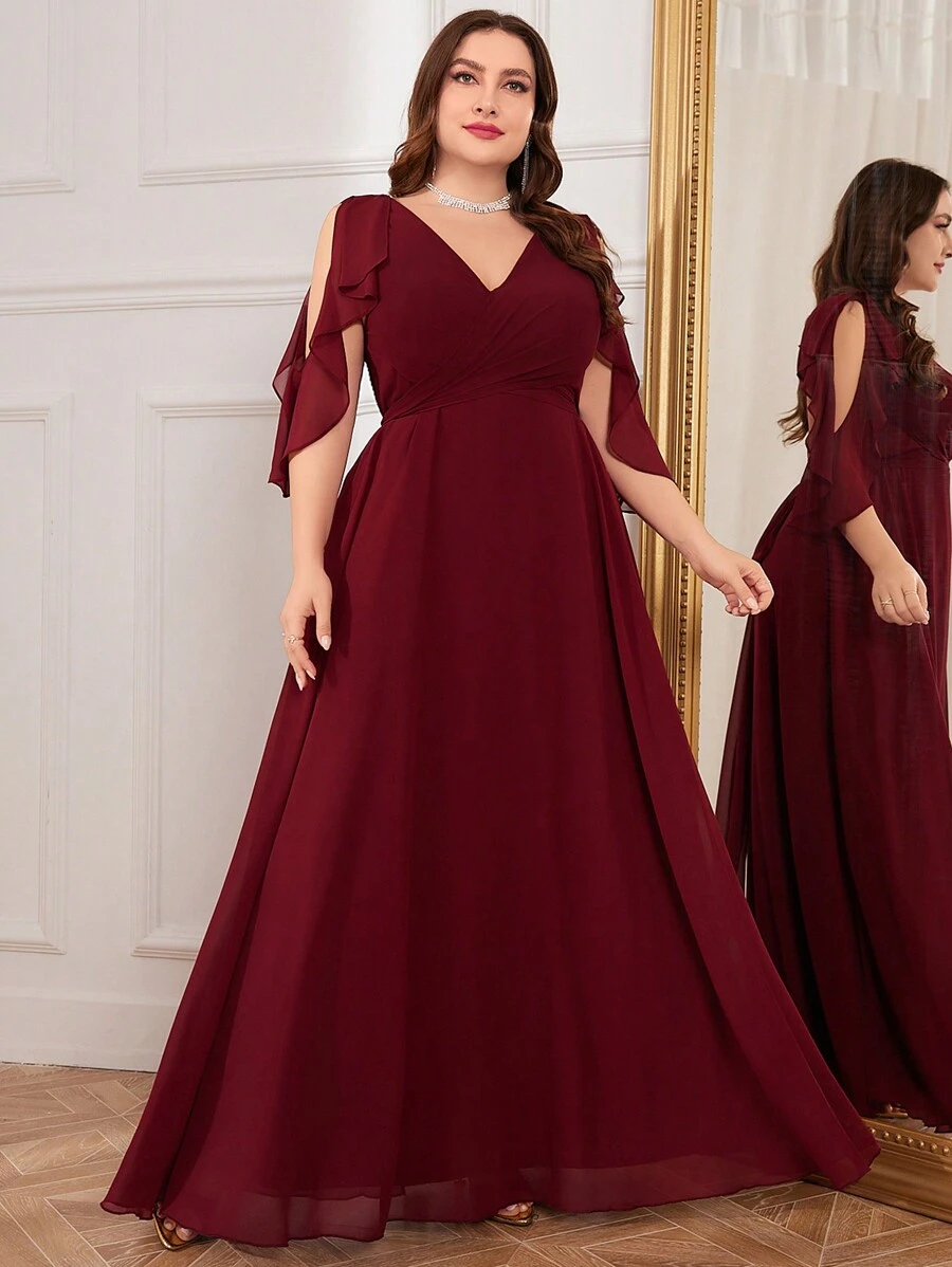 UNITHORSE Váy dạ hội tay bèo nhún cỡ lớn, váy phù dâu - Màu Đỏ Sâu - Xem 1