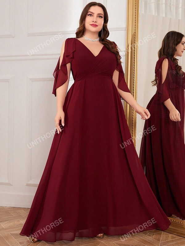 UNITHORSE Rochie formala din sifon cu maneca cu volan, marime mare, rochie de domnisoara de onoare